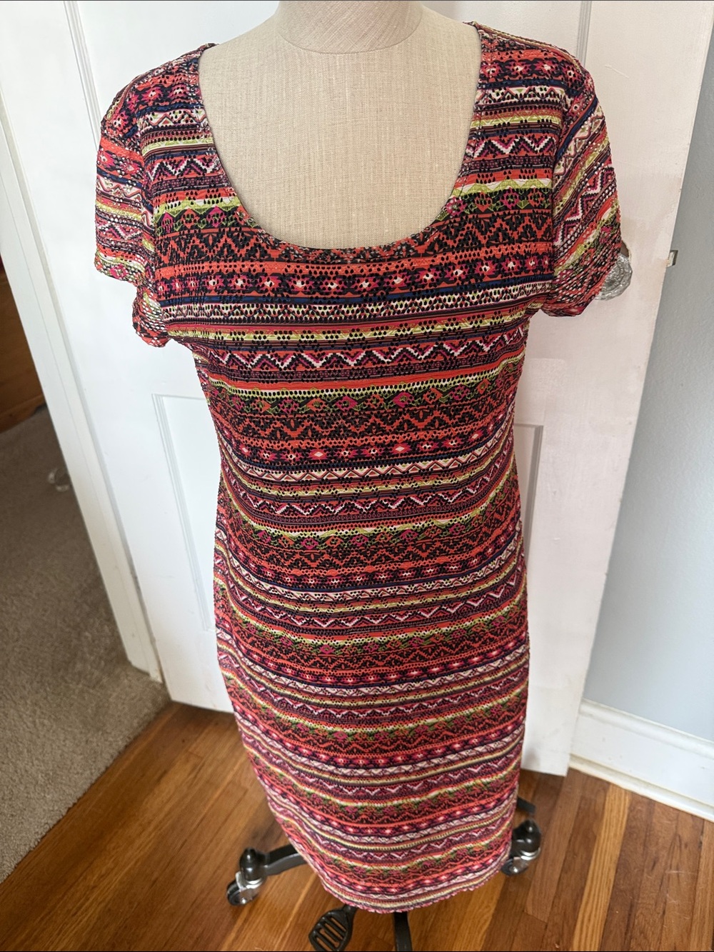 Cato Red Patterned Scoop-Neck Midi Dress